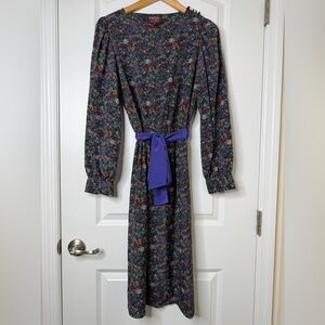 Raoul Multicolor Meadow Floral Long Sleeve Dress with Purple Belt Vintage